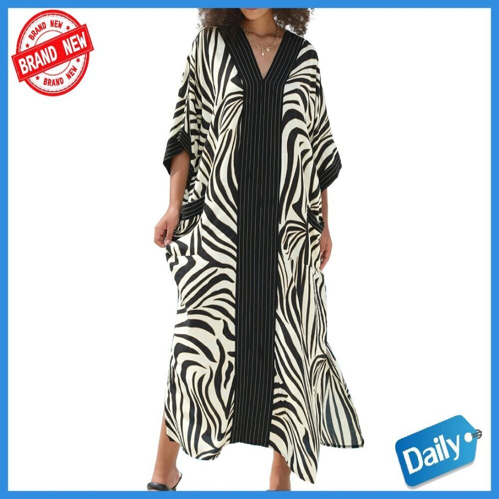 Plus Size Viscose Kaftan Dress Beach Cover Up with Pockets